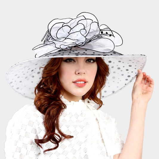 HATEGORY Wide polka dot brim flower organza hat