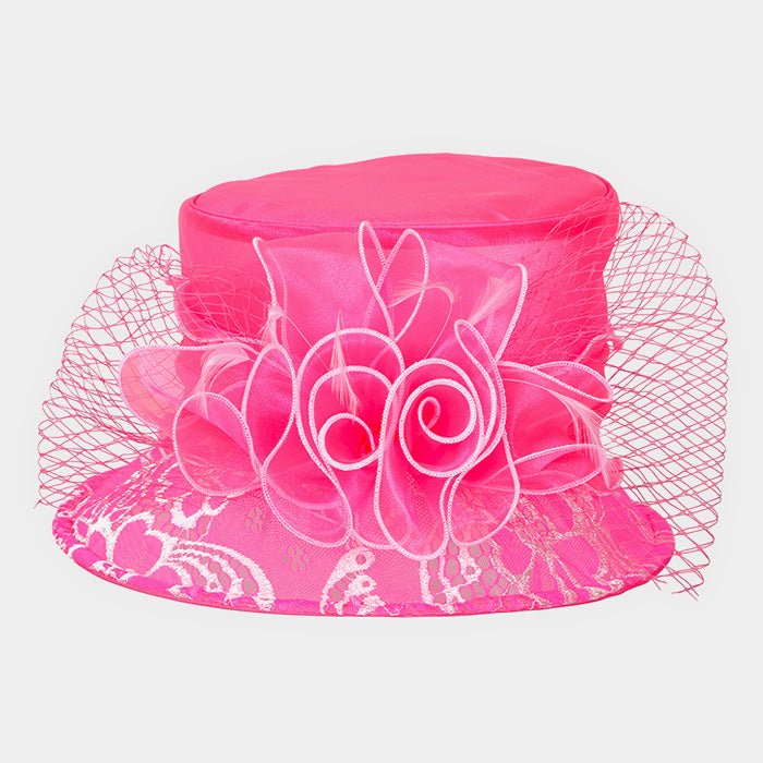HATEGORY Ruffle Bow with Feather Small Brim Organza Hat
