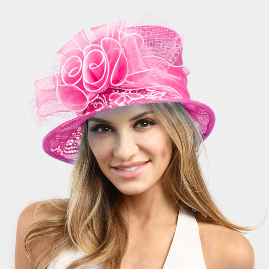 HATEGORY Ruffle Bow with Feather Small Brim Organza Hat