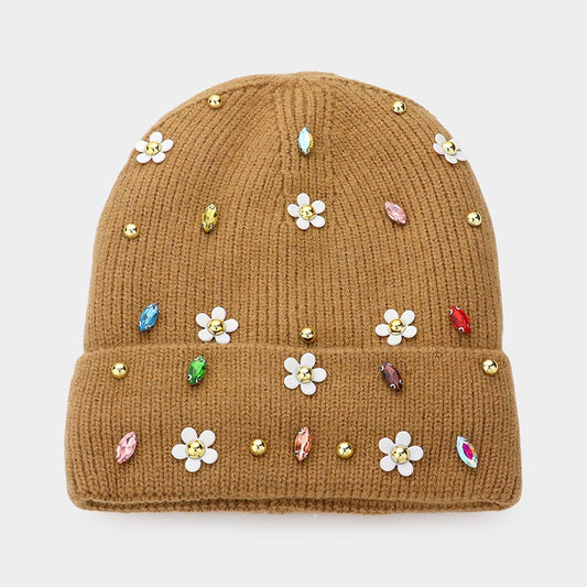 HATEGORY Fleece Lining Daisy Flower Stone Embellished Solid Knit Beanie Hat