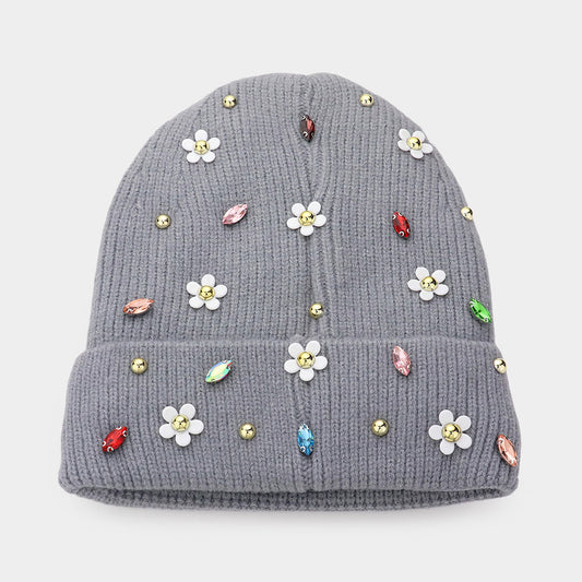 HATEGORY Fleece Lining Daisy Flower Stone Embellished Solid Knit Beanie Hat