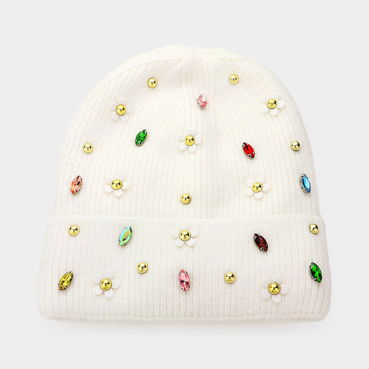 HATEGORY Fleece Lining Daisy Flower Stone Embellished Solid Knit Beanie Hat