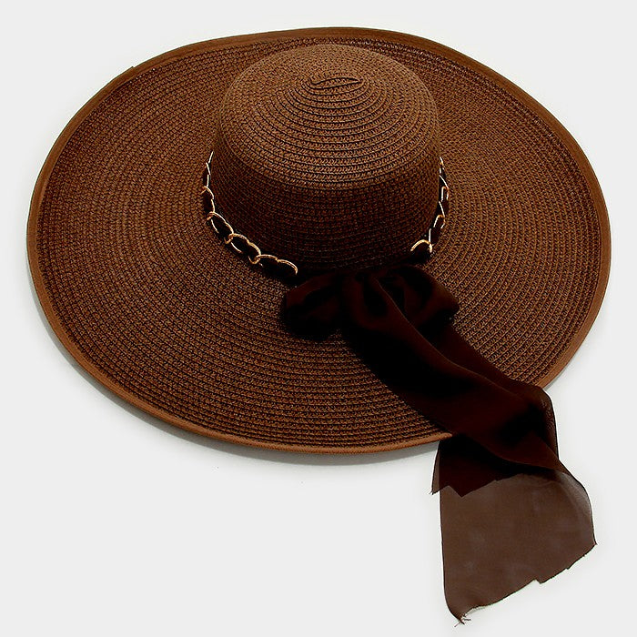HATEGORY Wide brim paper straw floppy sun hat with metal chain ribbon