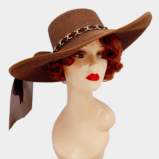 HATEGORY Wide brim paper straw floppy sun hat with metal chain ribbon