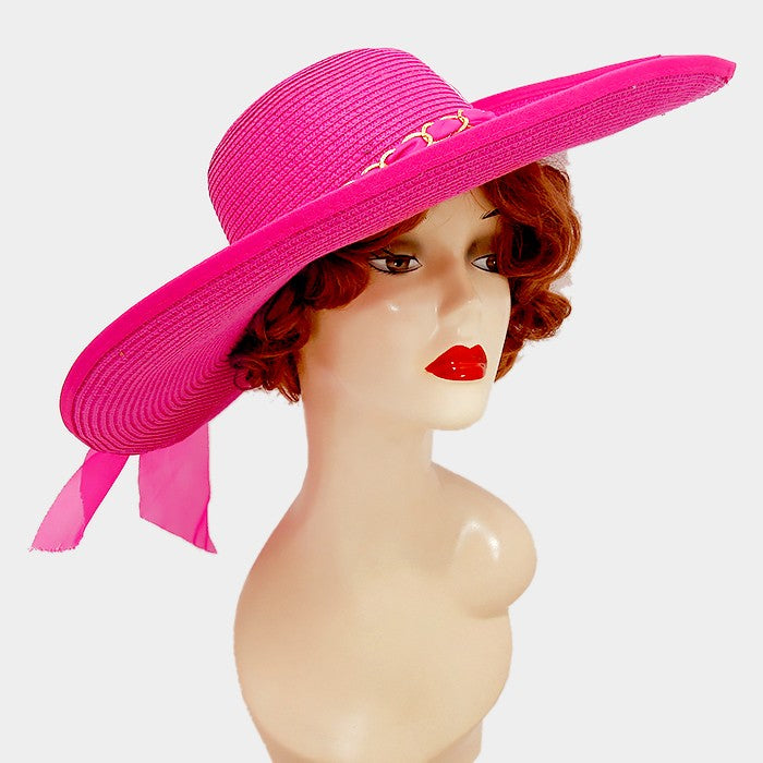 HATEGORY Wide brim paper straw floppy sun hat with metal chain ribbon