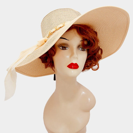 HATEGORY Wide brim paper straw floppy sun hat with metal chain ribbon