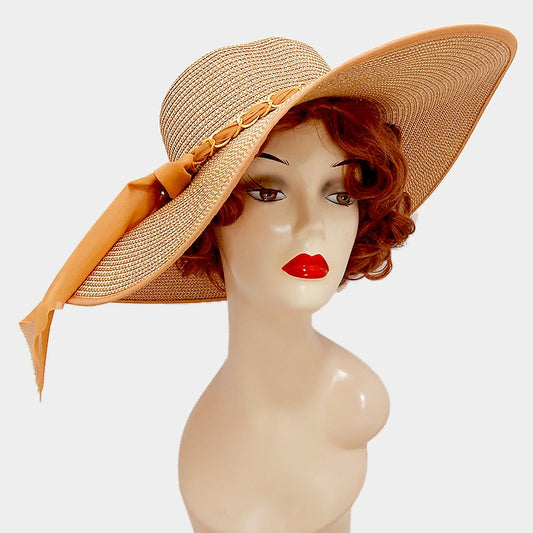 HATEGORY Wide brim paper straw floppy sun hat with metal chain ribbon