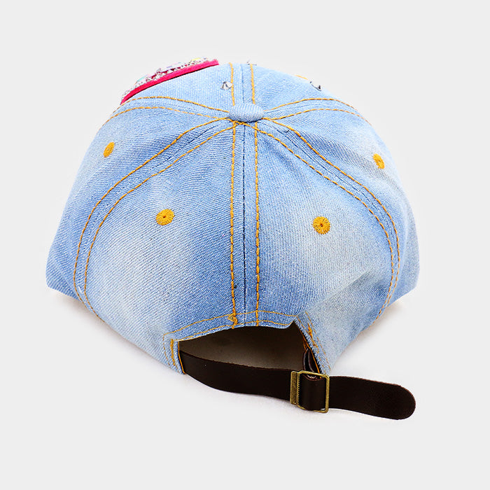 HATEGORY Bling Pink Ribbon Accented Denim Baseball Cap