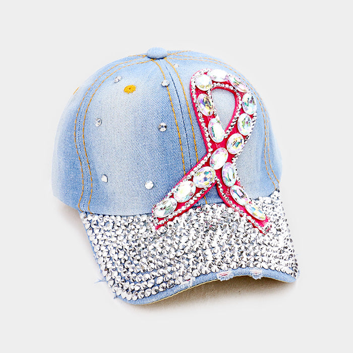 HATEGORY Bling Pink Ribbon Accented Denim Baseball Cap
