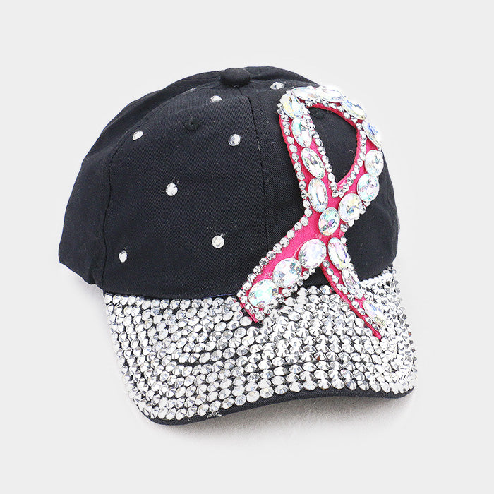 HATEGORY Bling Pink Ribbon Accented Denim Baseball Cap