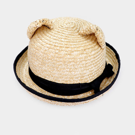 HATEGORY Bear Ear Bow Woven Straw Floppy Hat