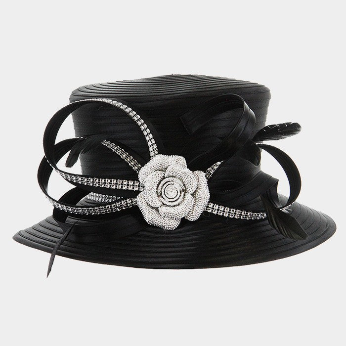 HATEGORY Crystal rose & feather detail satin hat with curly bow