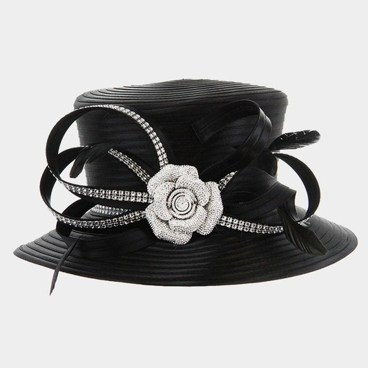 HATEGORY Crystal rose & feather detail satin hat with curly bow