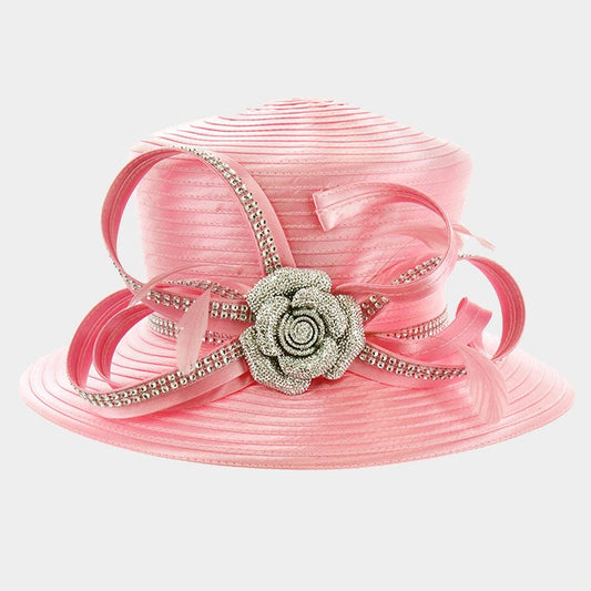HATEGORY Crystal rose & feather detail satin hat with curly bow
