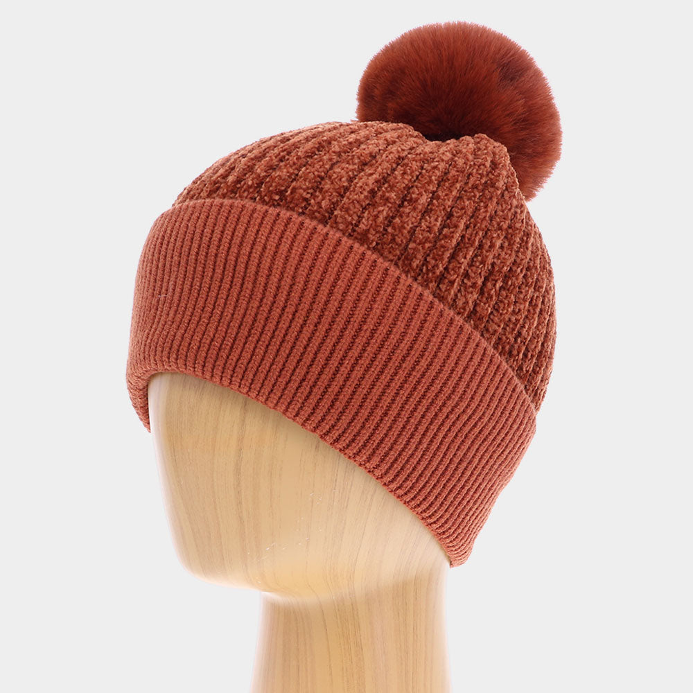 HATEGORY Solid Knit Faux Fur Pom Pom Beanie Hat