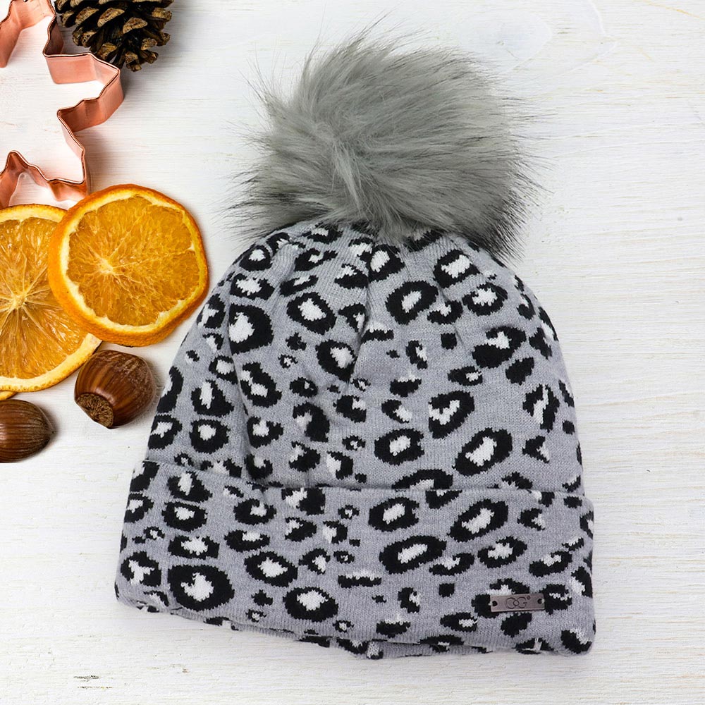 HATEGORY Cheetah Print Double Layered Pom Pom Beanie Hat