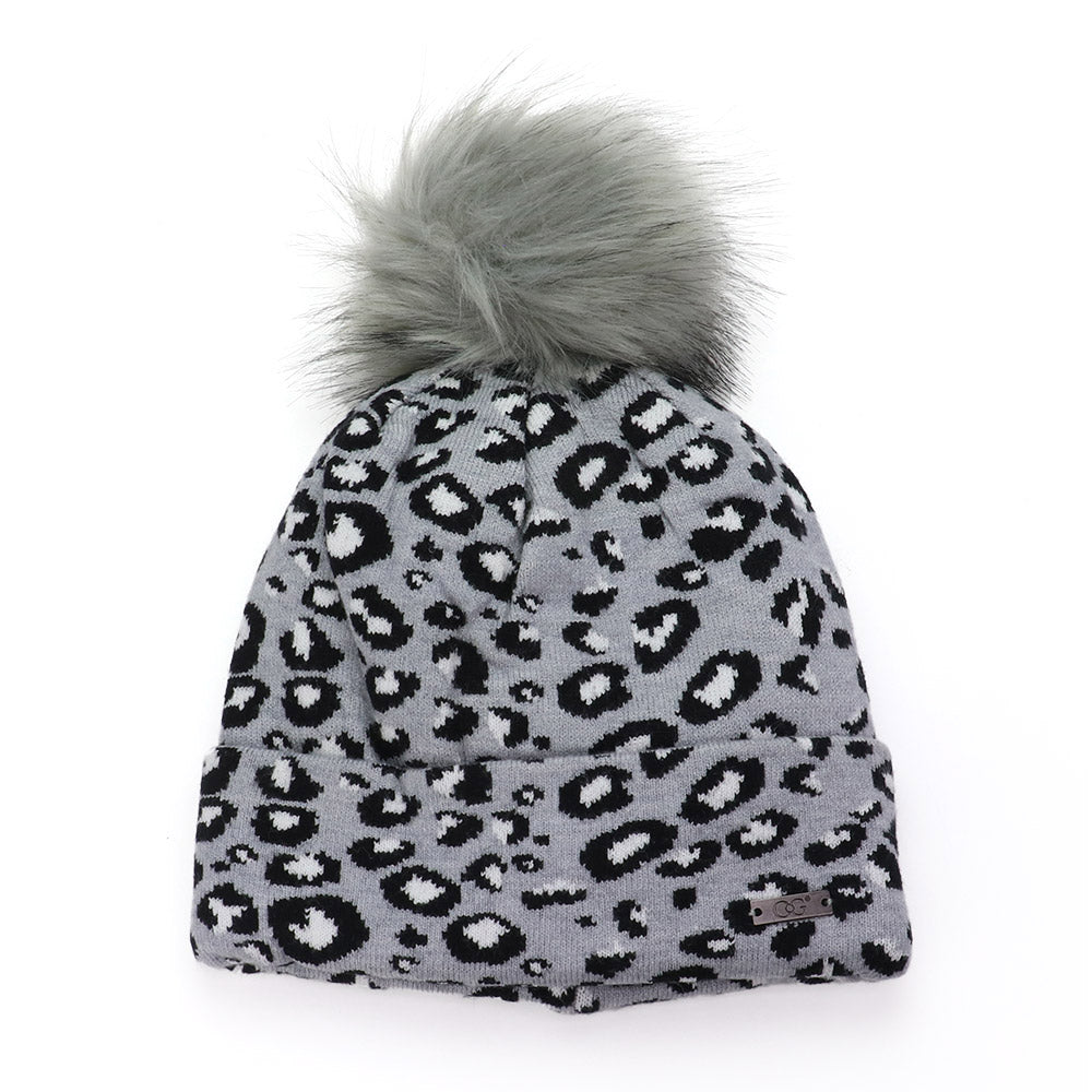 HATEGORY Cheetah Print Double Layered Pom Pom Beanie Hat
