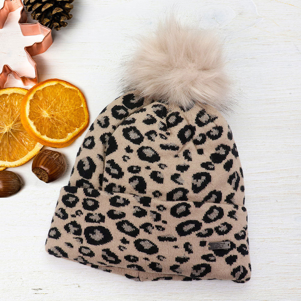 HATEGORY Cheetah Print Double Layered Pom Pom Beanie Hat