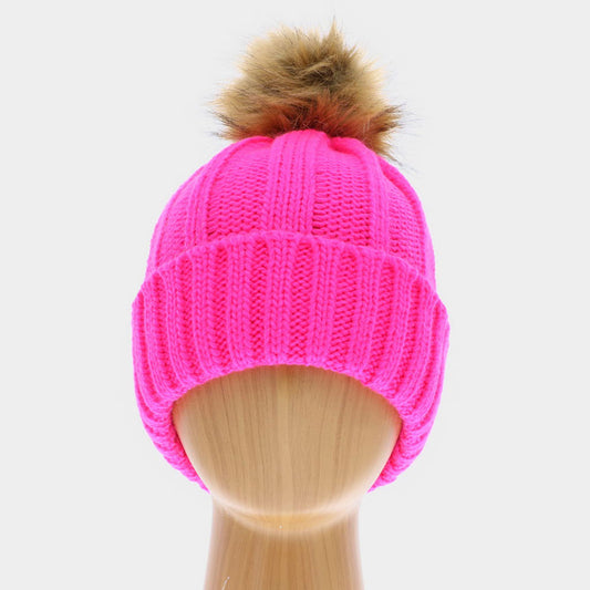 HATEGORY Chunky Knit Cuffed Pom Pom Single Layered Beanie Hat
