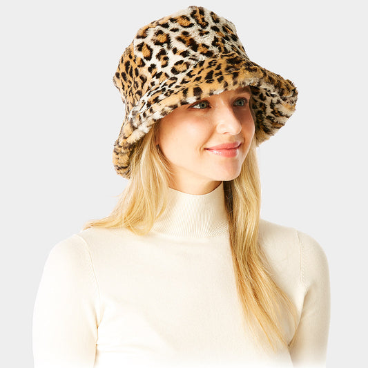 HATEGORY Leopard Patterned Soft Faux Fur Bucket Hat