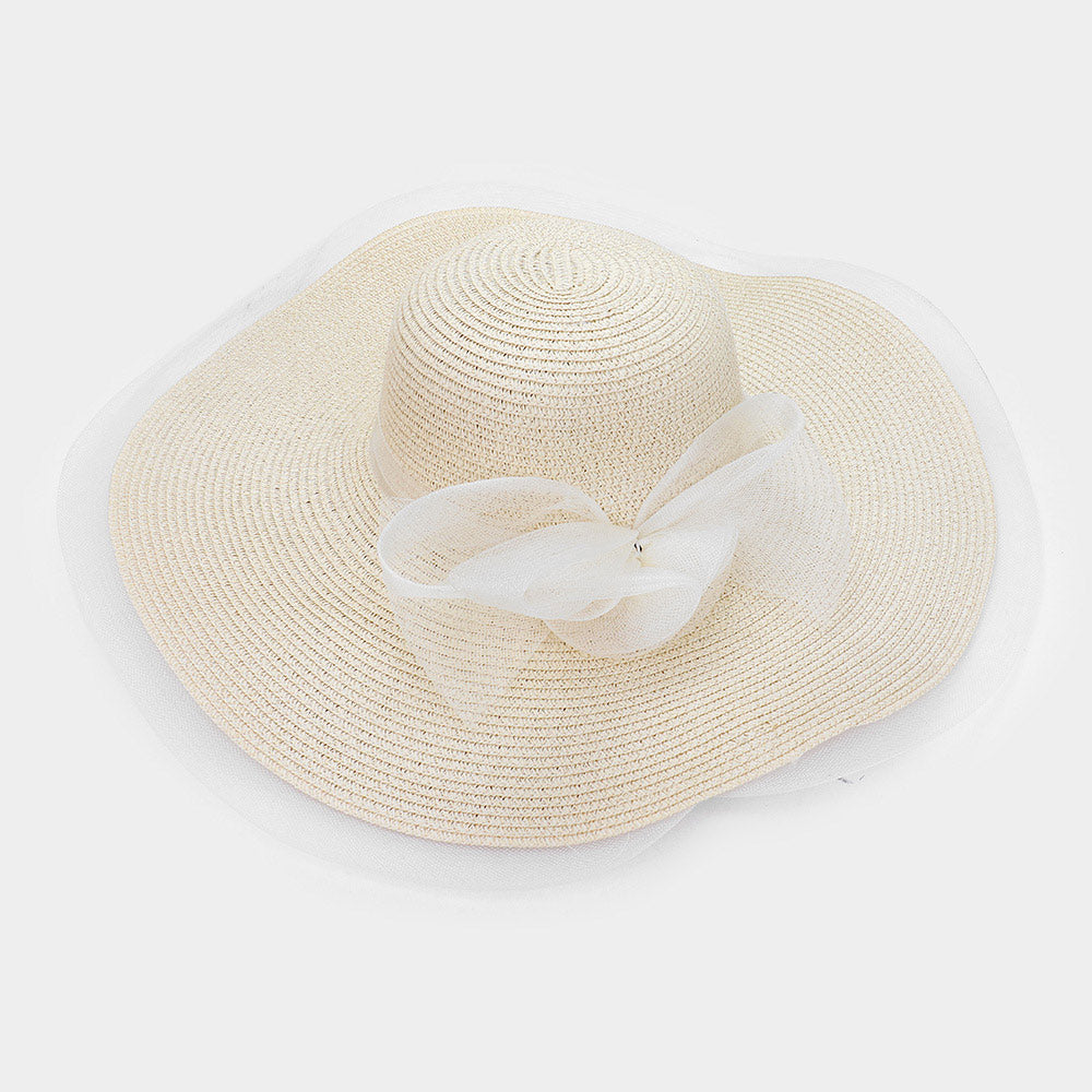 HATEGORY Mesh Bow Accented Woven Straw Floppy Hat