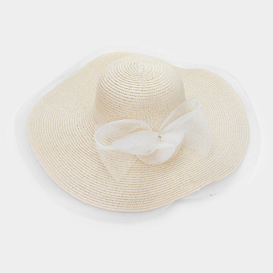 HATEGORY Mesh Bow Accented Woven Straw Floppy Hat