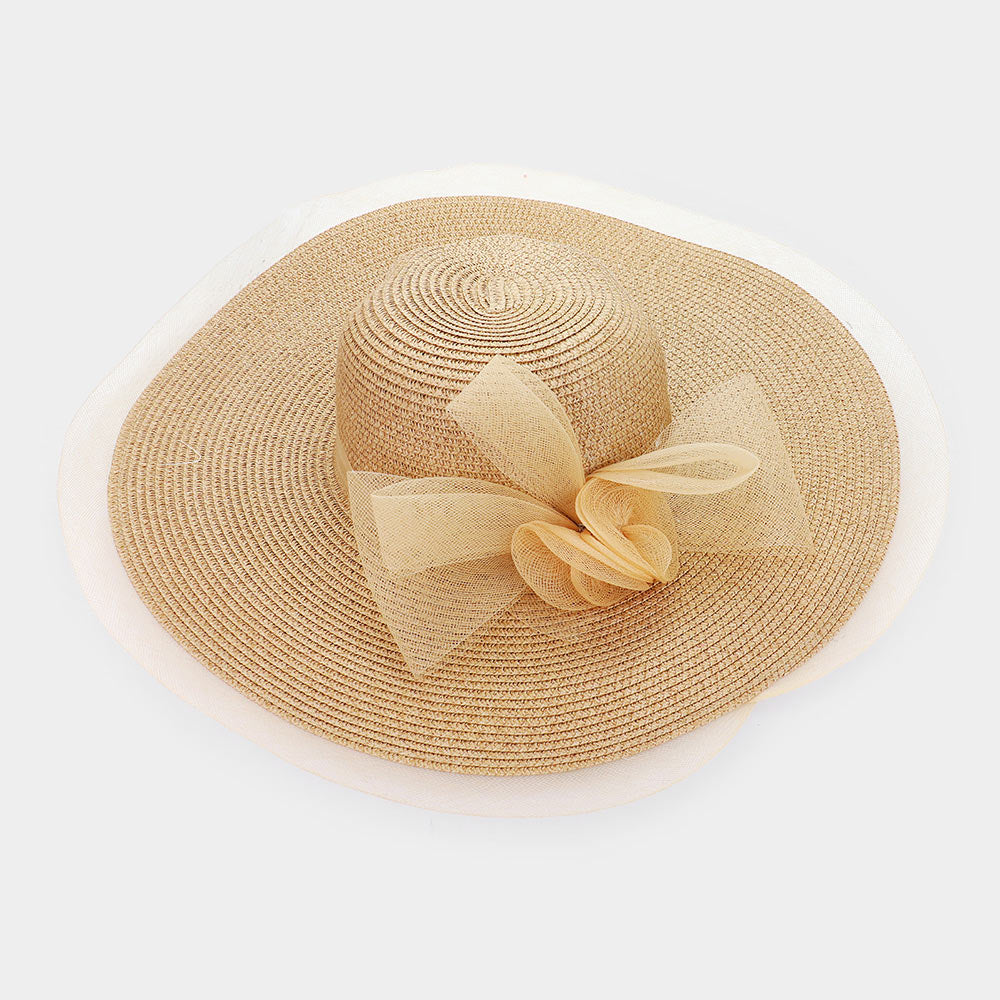 HATEGORY Mesh Bow Accented Woven Straw Floppy Hat