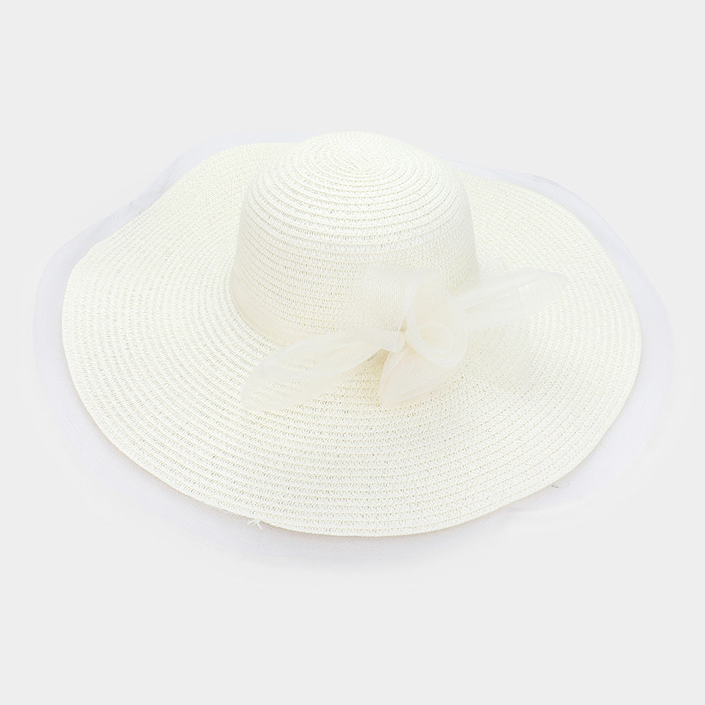 HATEGORY Mesh Bow Accented Woven Straw Floppy Hat