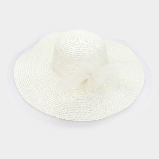 HATEGORY Mesh Bow Accented Woven Straw Floppy Hat