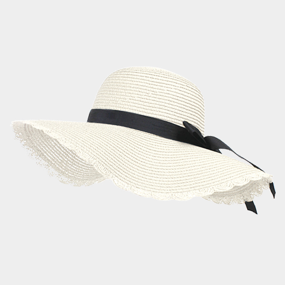 HATEGORY Trim Detail Bow Band Straw Floppy Sun Hat