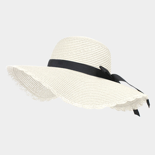 HATEGORY Trim Detail Bow Band Straw Floppy Sun Hat