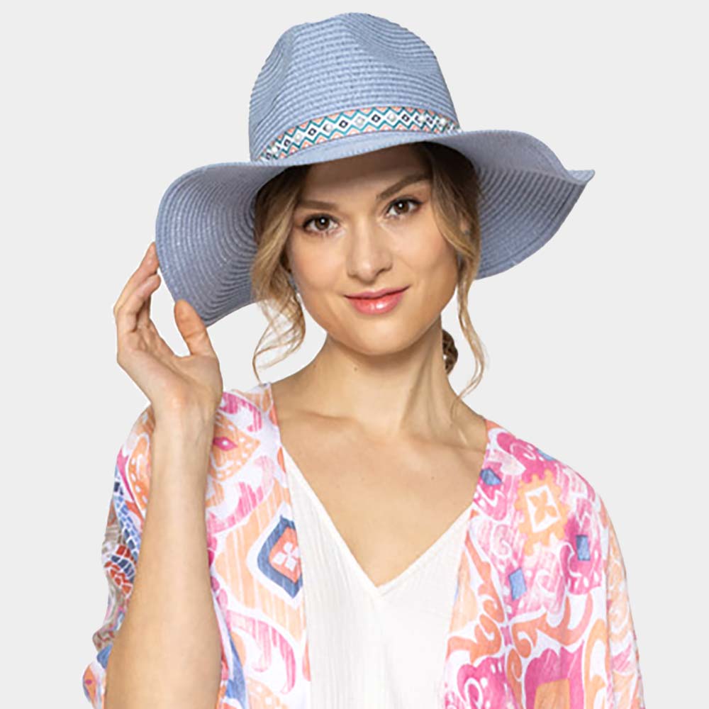 HATEGORY Pearl Embellished Aztec Band Panama Sun Hat