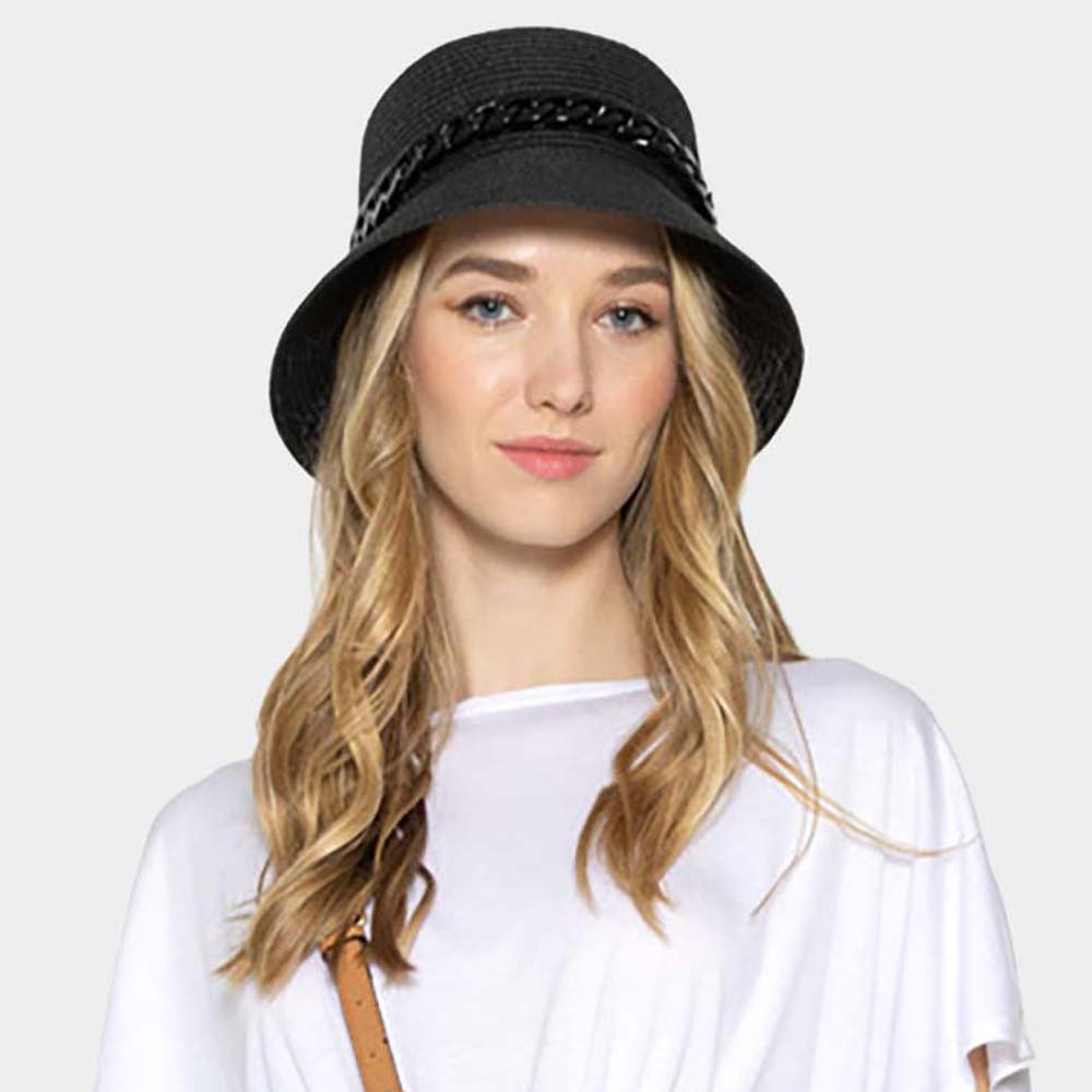 HATEGORY Chain Band Straw Bucket Hat