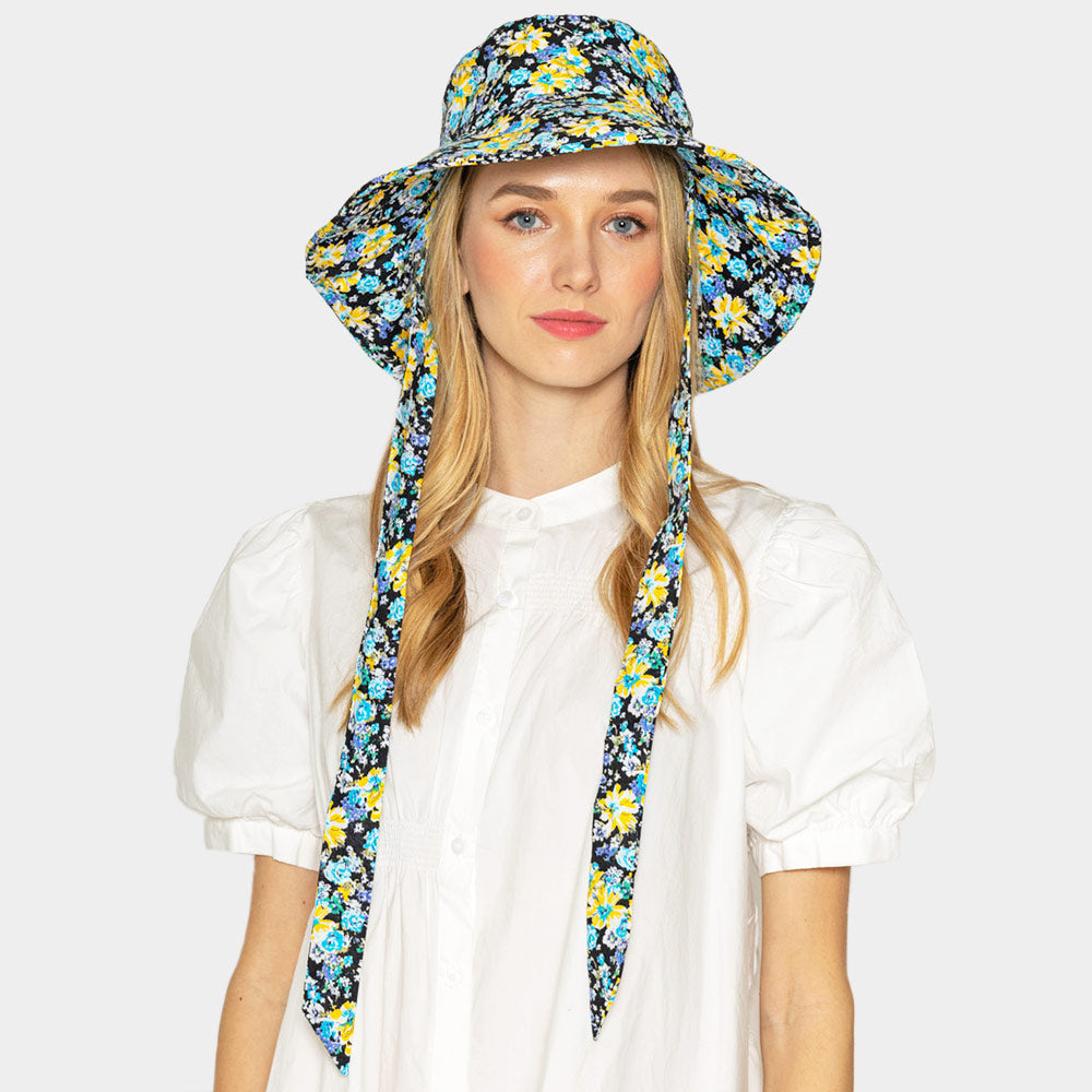 HATEGORY Flower Patterned Chin Tie Bucket Hat