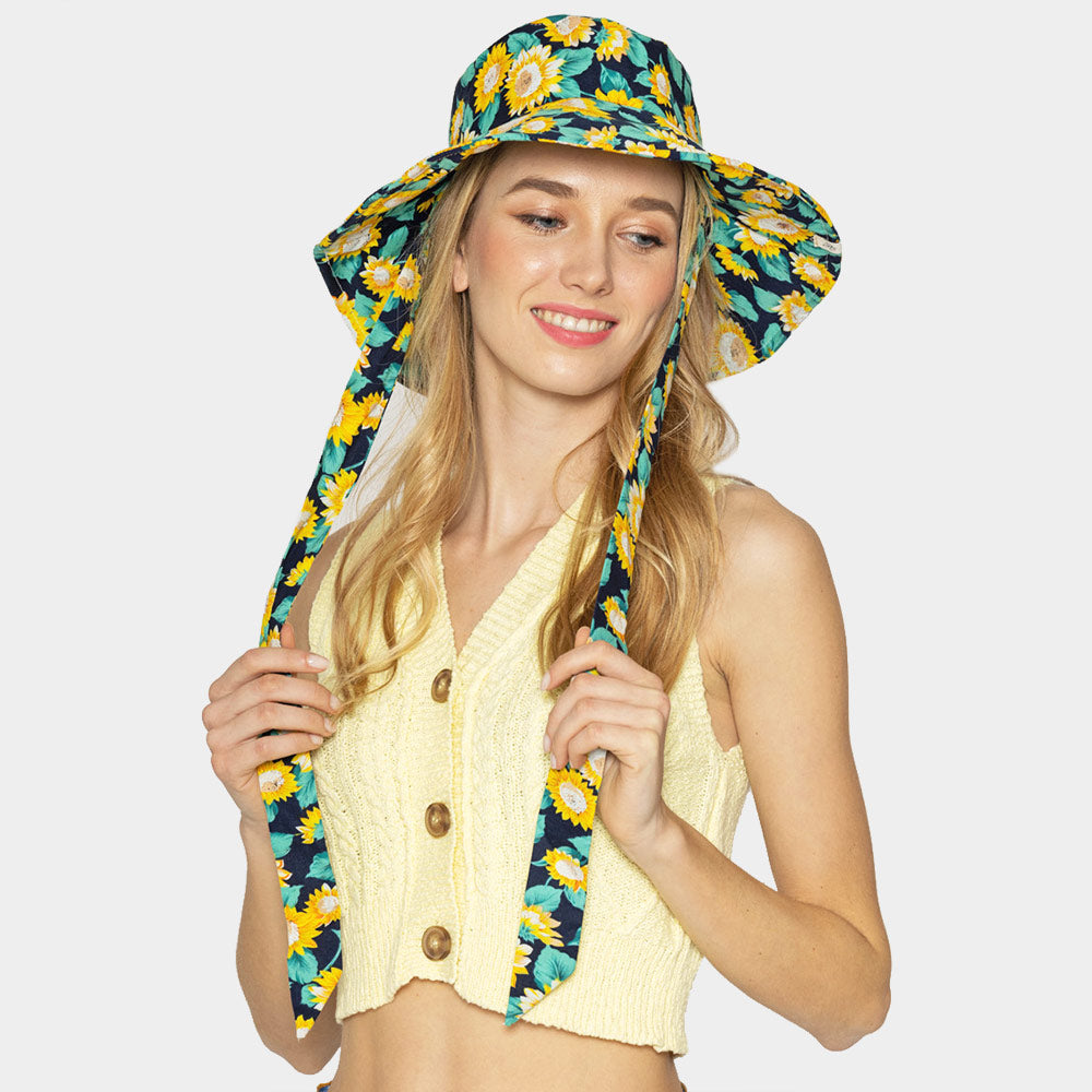 HATEGORY Sunflower Patterned Chin Tie Bucket Hat