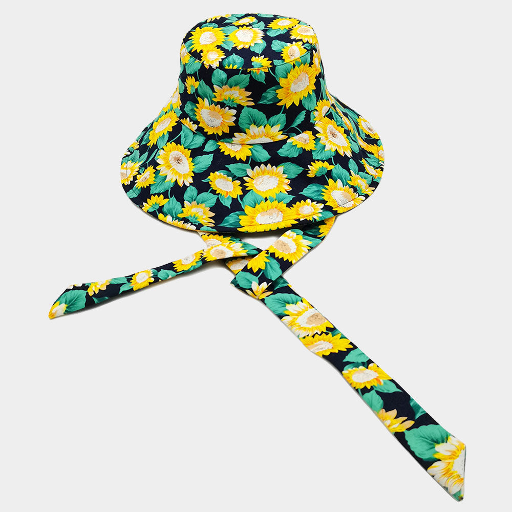 HATEGORY Sunflower Patterned Chin Tie Bucket Hat