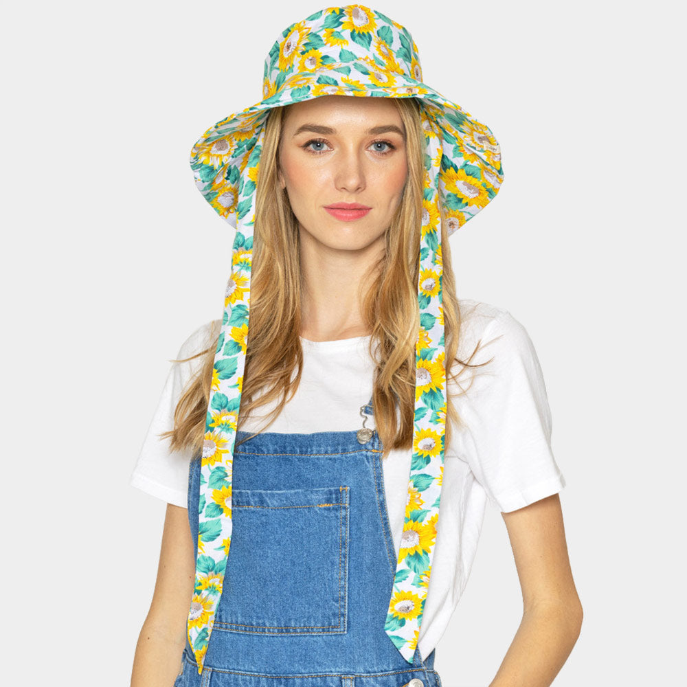 HATEGORY Sunflower Patterned Chin Tie Bucket Hat