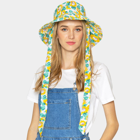 HATEGORY Sunflower Patterned Chin Tie Bucket Hat
