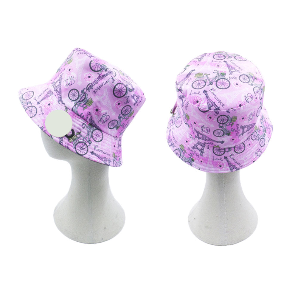 HATEGORY Reversible Love Bonjour Romance Message Eiffel Tower Bicycle Flower Heart Patterned Bucket Hat