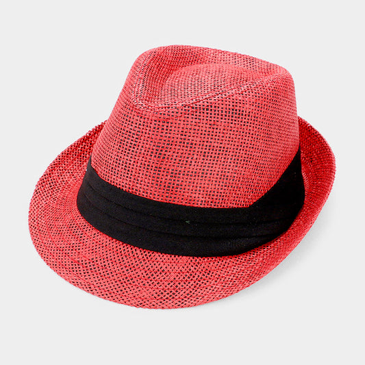 HATEGORY Black Trim Straw Fedora Hat