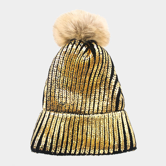 HATEGORY Gold Painted Fur Pom Pom Beanie Hat