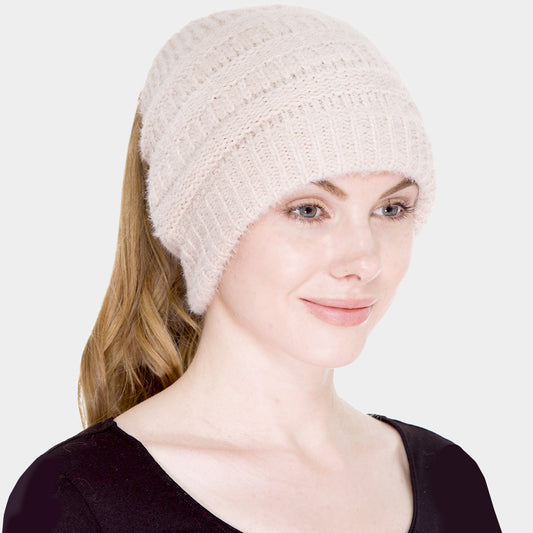 HATEGORY Cable Knit Ponytail Beanie Hat