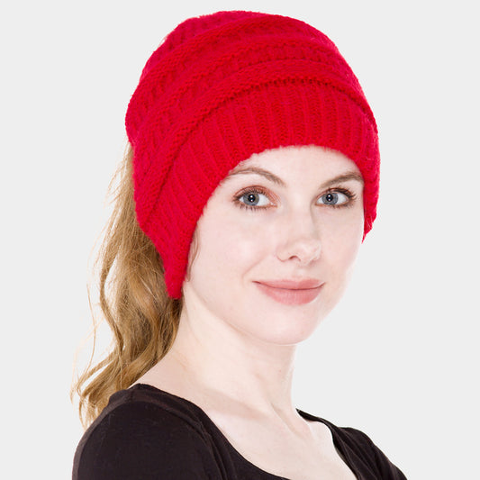 HATEGORY Cable Knit Ponytail Beanie Hat