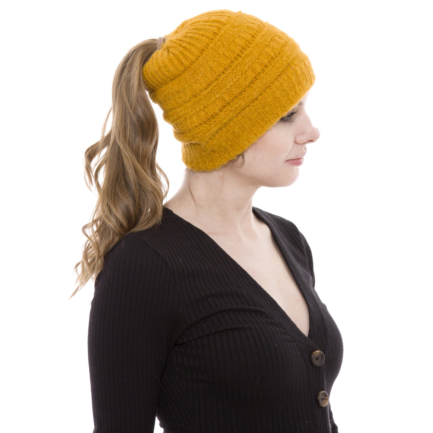 HATEGORY Cable Knit Ponytail Beanie Hat