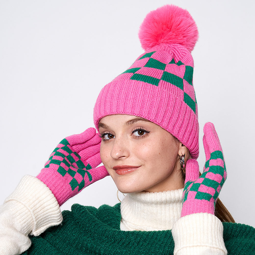 HATEGORY Checkerboard Patterned Pom Pom Beanie Hat