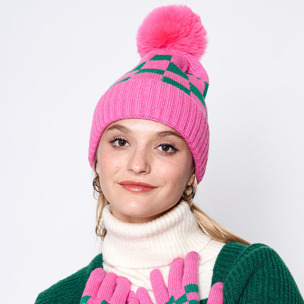 HATEGORY Checkerboard Patterned Pom Pom Beanie Hat