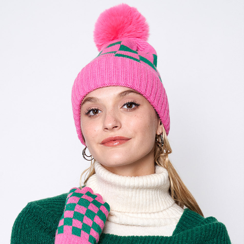 HATEGORY Checkerboard Patterned Pom Pom Beanie Hat