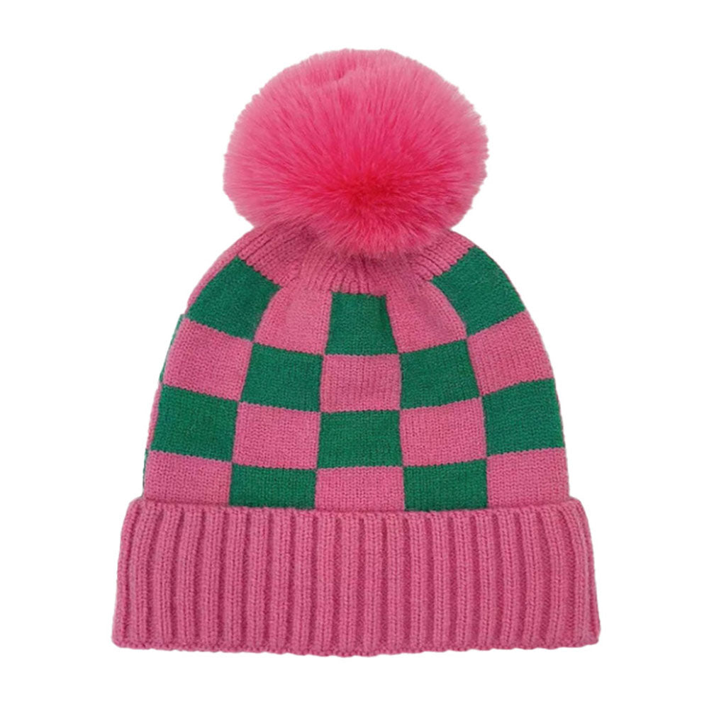 HATEGORY Checkerboard Patterned Pom Pom Beanie Hat