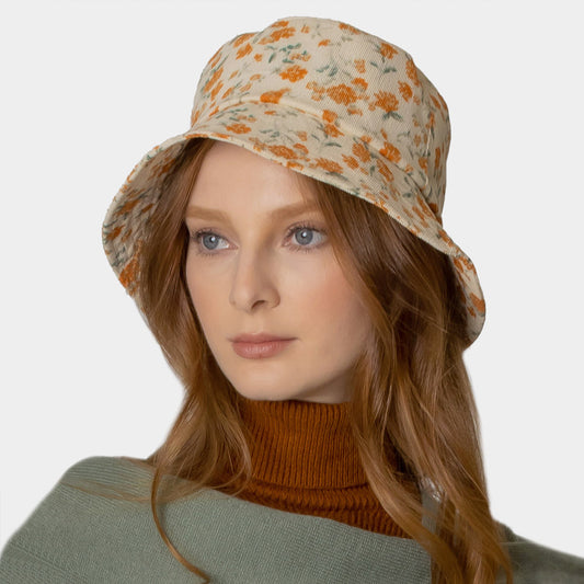 HATEGORY Floral Printed Corduroy Bucket Hat