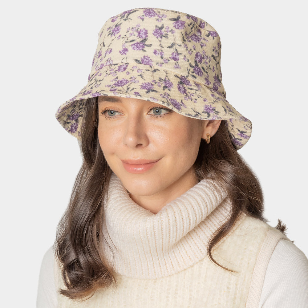 HATEGORY Floral Printed Corduroy Bucket Hat